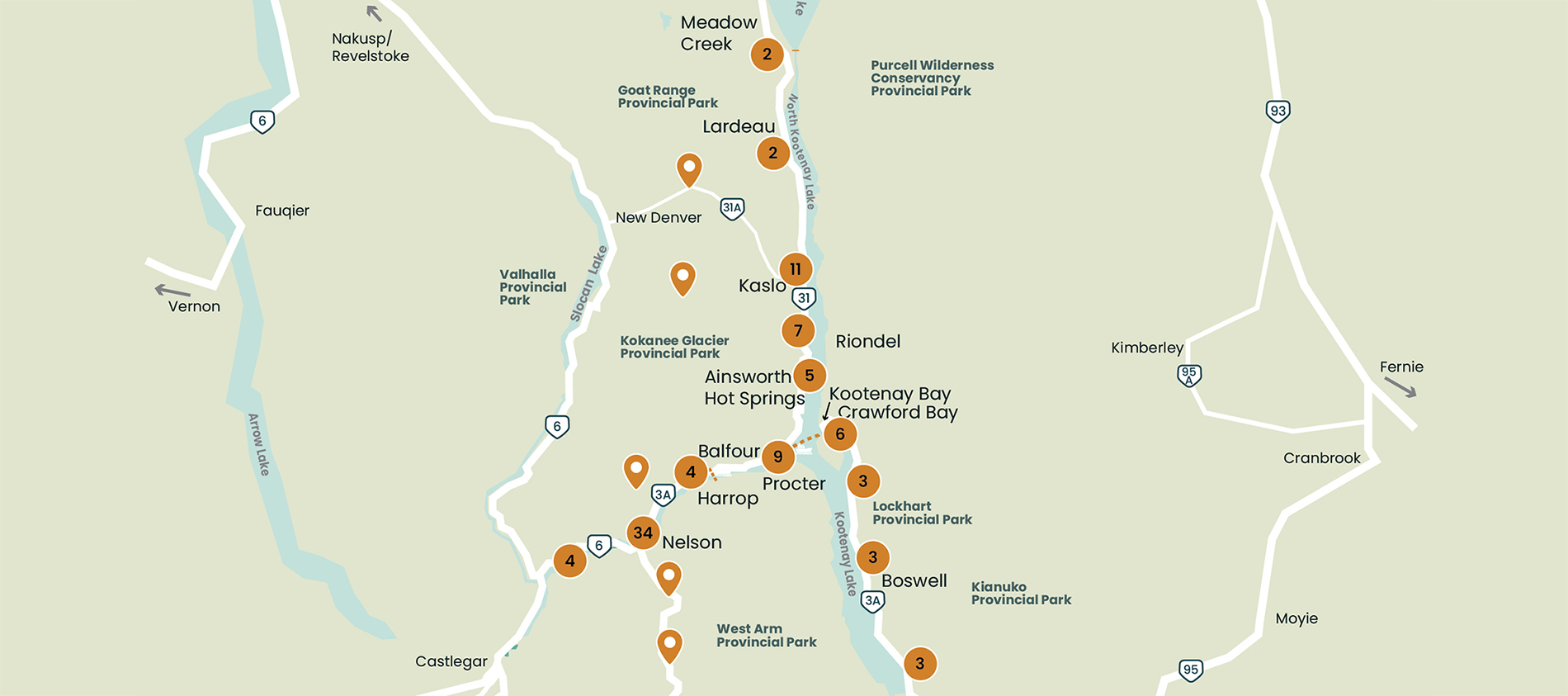 Map highlighting major highways and towns located in the Nelson Kootenay Lake region